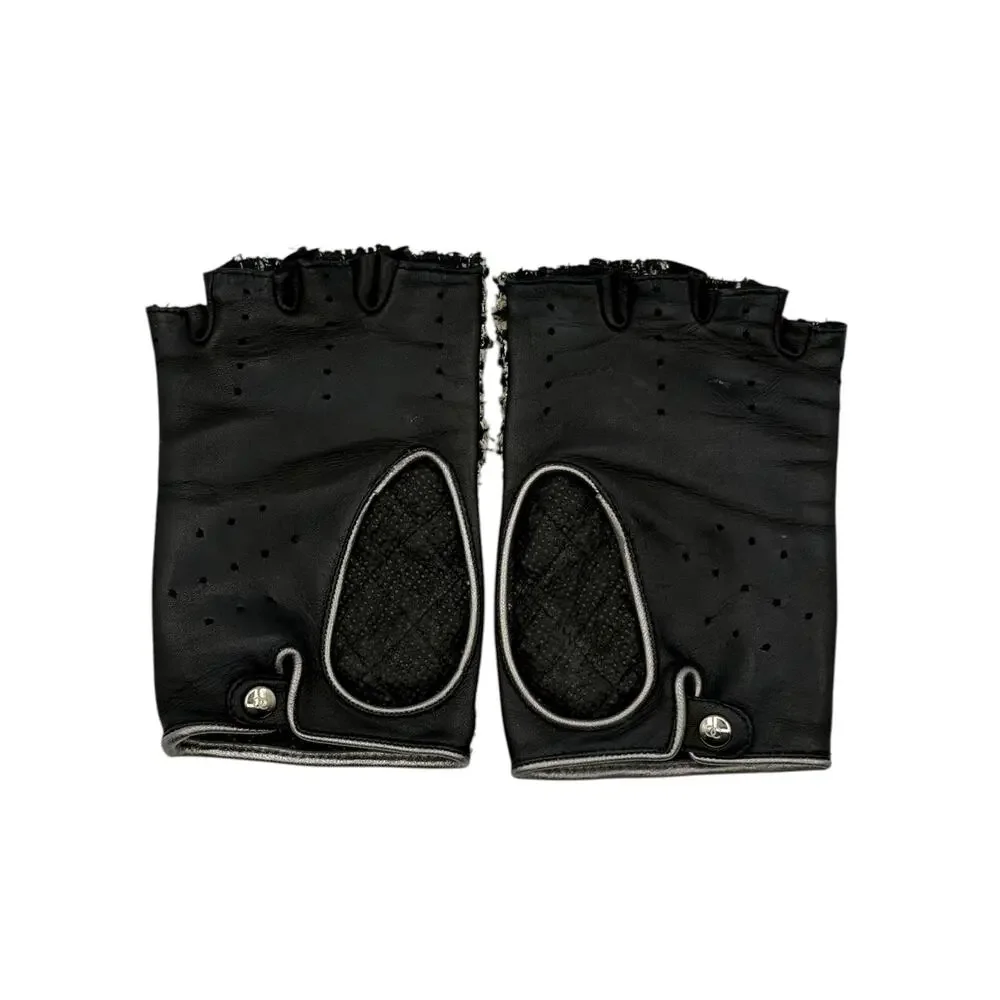 Chanel Black Tweed & Lambskin Fingerless Gloves – Size 7.5
